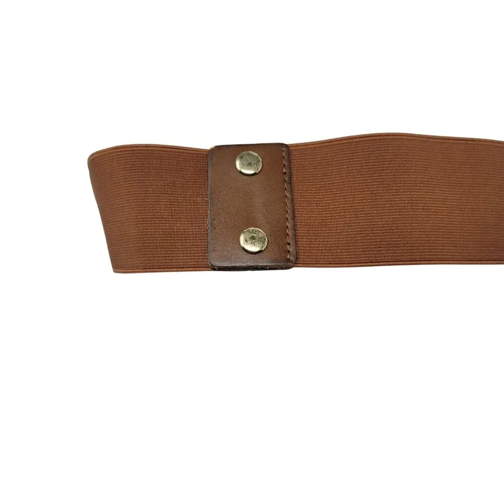 Vtg‎ Express Western Wide Brown Leather Stretch Waist Belt Sz S/M Gold Weave